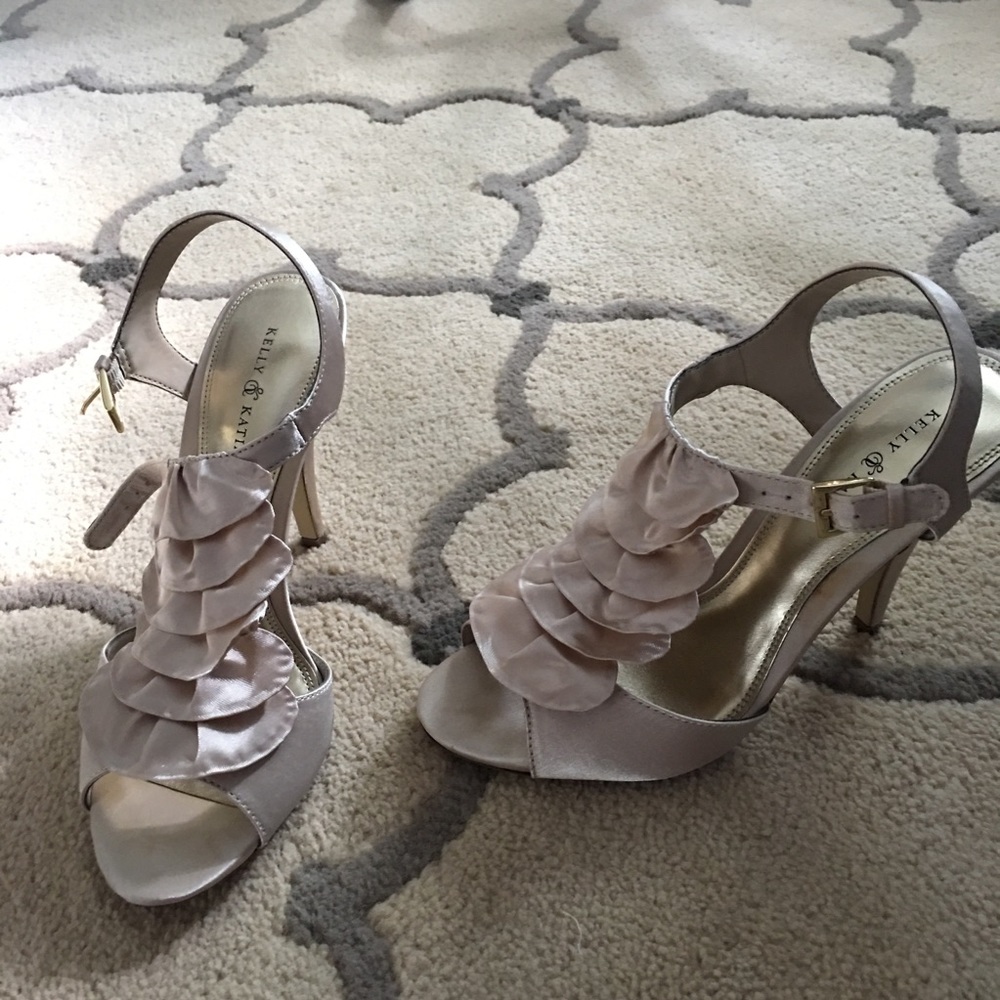 Ruffle front champagne satin heels